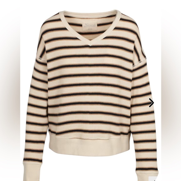 Natural Reflections Tops - Natural Reflections Striped V-Neck Sweater - Cream and Brown